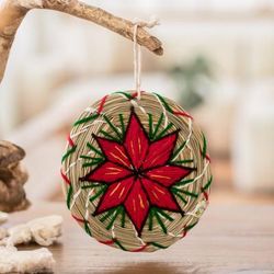 'Handmade Star-Themed Red and Green Natural Fiber Ornament'