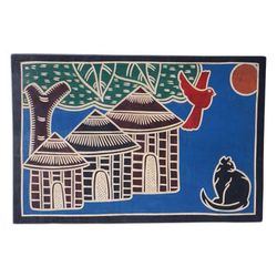 Blue Cottage,'Painted Hand-Carved Sese Wood Wall Art in Blue Base Hue'