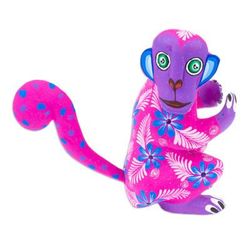 Playful Soul in Azalea,'Floral Painted Azalea Copal Wood Alebrije Monkey Figurine'