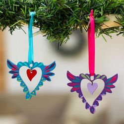Winged Heart,'Pair of Hand-Painted Winged Heart Themed Wood Ornaments'