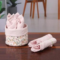 Gentle Pink,'Set of 6 Pink Cotton Napkins with Floral White Basket'
