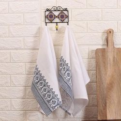 '2 Cotton Dish Towels with Blue Hand-Block Printed Designs'