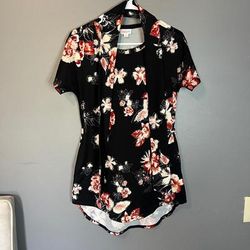 Lularoe Tops | Lularoe Floral Short Sleeve Shirt With Belt Size Xs | Color: Black/Pink | Size: Xs
