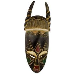 Twisted Horn,'Ghanaian Hand Carved Horned Mask in Black and Gold'