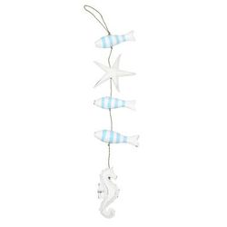'Hand-Carved Marine-Themed White and Blue Albesia Wood Mobile'