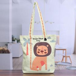 'Printed Inspirational Lion-Themed Green Cotton Tote Bag'