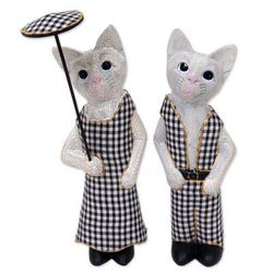 Bali Cat Couple,'Hand Made Wood Cat Sculptures (Pair) from Indonesia'