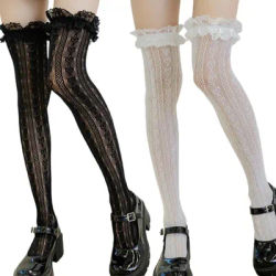 Lolita – chaussettes hautes en résille pour femmes, Style japonais, en dentelle rayée sur le genou, longues chaussettes à volants, Style Kawaii