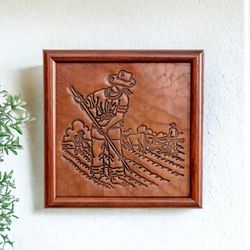 Rustic Lands,'Handcrafted Cultural Pinewood-Framed Leather Wall Art'