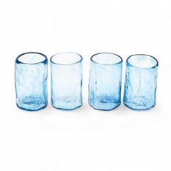 Azure Mist,'Set of 4 Mexican Clear Blue Blown Glass Mezcal Shot Glasses'