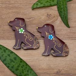 'Set of 2 Hand-Painted Floral Dog-Shaped Wood Magnets'