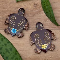 'Set of 2 Hand-Painted Floral Turtle-Shaped Wood Magnets'