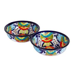 Raining Flowers,'Mexican Talavera Style Ceramic Snack or Serving Bowls (Pair)'