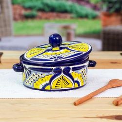 Yellow Blooms,'Mexican Talavera Style Ceramic Tortilla Warmer with Lid'