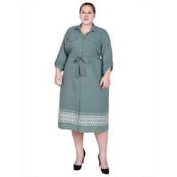 3/4 Roll Tab Sleeve Belted Shirtdress