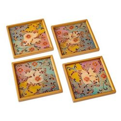 Margarita Joy,'Floral Colorful Reverse Painted Glass Coasters (Set of 4)'