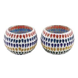 Festive Drops,'Colorful Glass Mosaic Tealight Candle Holders (Pair)'
