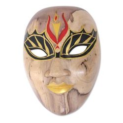 'Balinese Hibiscus Wood Mask with Hand-Painted Vibrant Motifs'