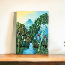 Guatemalan National Bird,'Signed Impressionist Oil on Canvas Quetzal Bird Painting'