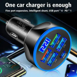 Chargeur de voiture LED 250W 5 ports charge rapide PD QC 3.0 USB C adaptateur de téléphone de