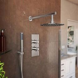 Randolph Morris Tranquil Rainfall Thermostatic Shower Set with Round Showerhead, Metal Cross Handles, and Round Handshower - Chrome RMAS-2TMC-RH-HSW-C