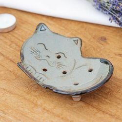 Happy Feline,'Feline-Shaped Glazed Ceramic Soap Dish Made in Thailand'