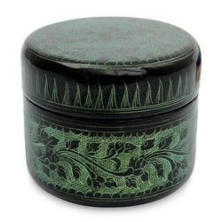 Lacquered wood box, 'Exotic Green Flora'