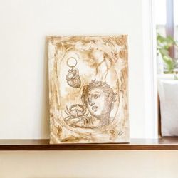 Heart and Shell,'Mixed Media Oneiric Painting of Man Heart and Crab'