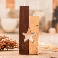 Star of Unity,'Set of 2 Star-Themed Wood Tealight Candleholders'