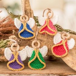 Great Hope,'Set of 5 Handmade Colorful Cotton and Wood Angel Ornaments'