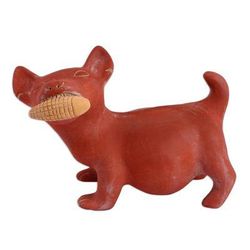 'Colima Dog with Corn' - Ceramic Dog Sculpture Mexican Archaeology Replica