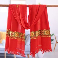 Garden of Vermilion,'Floral Handwoven Wool and Rayon Embroidered Vermilion Shawl'