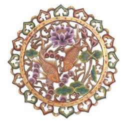 Floating Koi,'Hand Crafted Suar Wood Relief Panel'