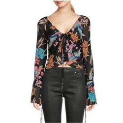 Free People Tops | Free People Women's Floral Print Of Paradise Tie Front Crop Top Mesh M | Color: Black | Size: M