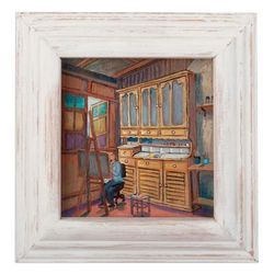 The Painter,'Oil on Canvas Scene of Woman Painting with Cedarwood Frame'