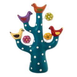 The Heavenly Tree Choir,'Teal Ceramic Tree Sculpture with Bird and Floral Motifs'