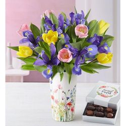 1-800-Flowers Seasonal Gift Delivery Fanciful Spring Tulip & Iris Bouquet W/ Floral Meadow Vase & Chocolate