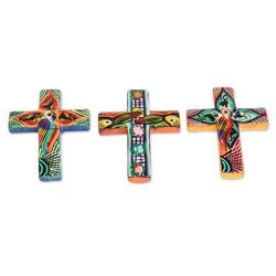 Bird and Flower Crosses,'Hand Painted Cross Ceramic Refrigerator Magnets (Set of 3)'