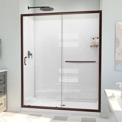 Dreamline DreamLine Infinity-Z 30 inch D x 60 inch W x 78 3/4 inch H Semi-Frameless Sliding Shower Door in Oil Rubbed Bronze and Clear Glass, Center Drain Shower Base, and Wall Kit in White D2096030XXC0006