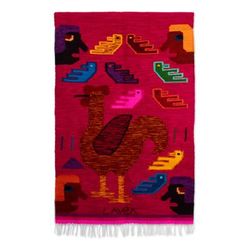 'Handwoven Traditional Rooster-Themed Fuchsia Wool Tapestry'