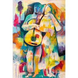 The Dance of Love,'Modern Abstract Oil Painting of Couple Dancing with Guitar'