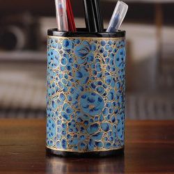 Springtime Blue,'Round Blue and Golden Wood and Papier Mache Pen Holder'