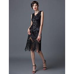 Anni Ruggenti Anni 1920 Lunghezza al ginocchio Vestito Abito Flapper Abito da Ballo Senza maniche Il grande Gatsby Charleston Invitato al matrimonio Frangia con nappe Scollo a V Costume Per donna