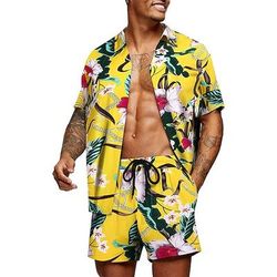 Per uomo Grafico Foglia di palma Piante Tropicali 2 pezzi Set di camicie Camicia hawaiana estiva Manica Corta Pantaloni corti Collo ripiegato Designer Spiaggia Vacanza Casuale Quotidiano 3D Estate