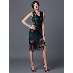 Anni Ruggenti Anni 1920 Lunghezza al ginocchio Vestito Abito Flapper Abito da Ballo Senza maniche Il grande Gatsby Charleston Invitato al matrimonio Frangia con nappe Scollo a V Costume Per donna