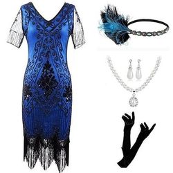 Anni Ruggenti Anni 1920 Lunghezza al ginocchio Abito Flapper Abiti Set di accessori Maniche corte Il grande Gatsby Invitato al matrimonio Paillettes Frangia con nappe Paillettes Nappa Scollo a V