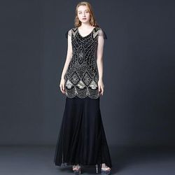 Anni Ruggenti Anni 1920 Lunghezza alla caviglia Vestito Abito da sera Maniche corte Il grande Gatsby Invitato al matrimonio Paillettes Scollo a V Costume Per donna Mascherata Festa serale Matrimonio