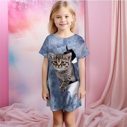 Da ragazza 3D Gatto Pigiami Camicia da notte Manica corta Stampa 3D Estate Attivo Di tendenza stile sveglio Bambino 3-12 anni Girocollo Interni Casual Al coperto Standard