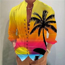 Per uomo Albero di Cocco Piante Tropicali Camicia Camicia hawaiana estiva Camicia Aloha Manica Lunga Camicia Collo alla coreana Moda Designer Casual All'aperto Vacanza Streetwear Giallo Blu Fucsia S