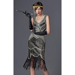 Anni Ruggenti Anni 1920 Lunghezza al ginocchio Vestito Abito Flapper Abiti da Ballo Senza maniche Il grande Gatsby Charleston Invitato al matrimonio Paillettes Patchwork Scollo a V Costume Per donna